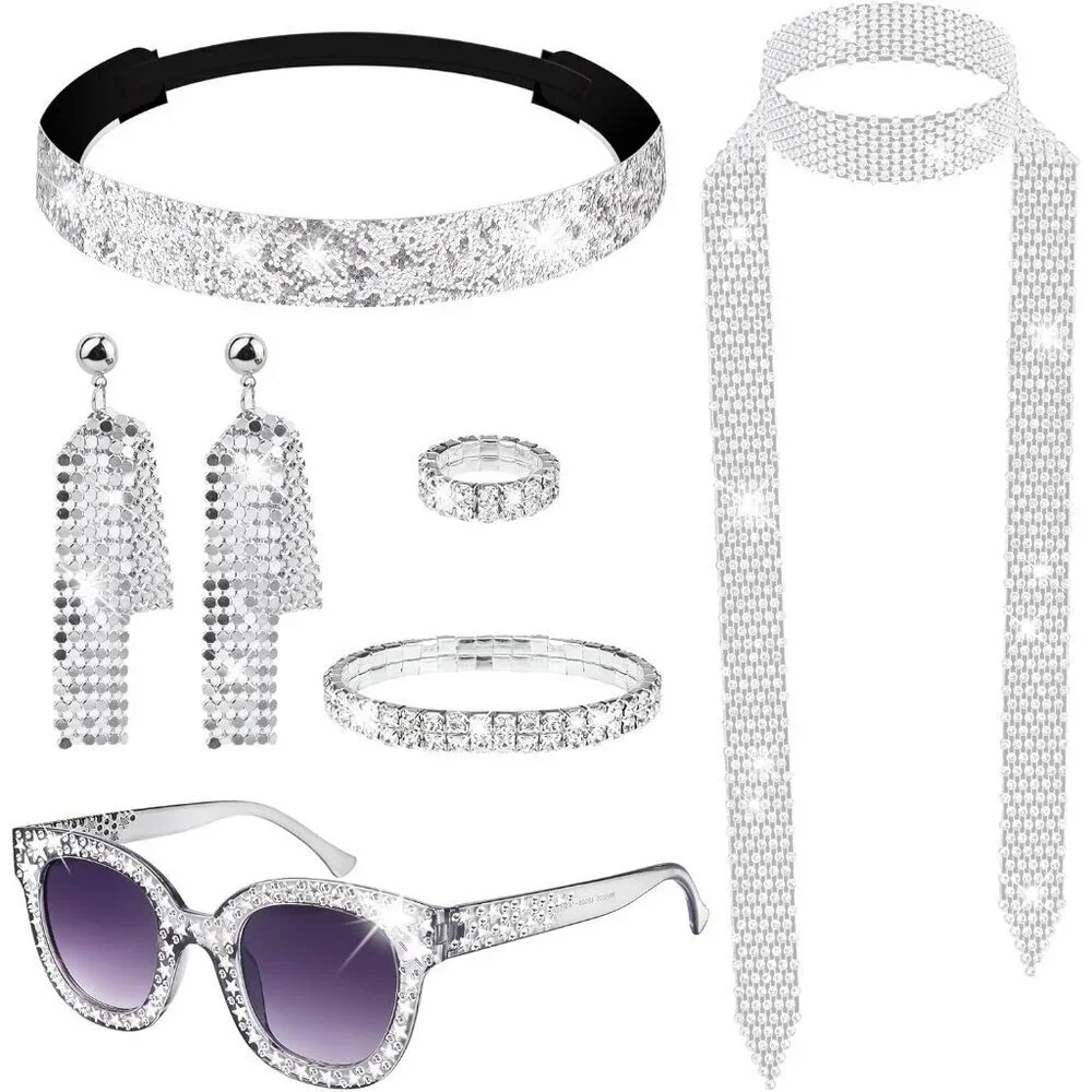 6 Pcs 70s Disco Accessories Jewelry Set Earrings Ring Sunglasses Scarf Headband